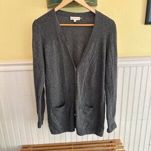 Tory Burch Gray Long Cardigan Sweater With Front Pockets & Button Closure - Size